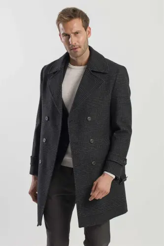 Siyah Slim Fit Gemici Yaka Ekoseli Yünlü Kaban - JAKAMEN (1)