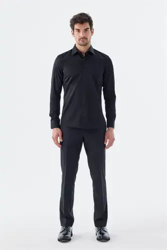 Siyah Slim Fit İtalyan Yaka Uzun Kol Klasik Kravatlık %100 Pamuk Saten Gömlek - JAKAMEN (1)