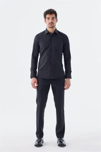 Siyah Slim Fit İtalyan Yaka Uzun Kol Klasik Kravatlık Pamuklu Gömlek - JAKAMEN (1)