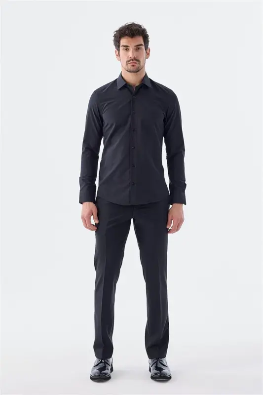 Siyah Slim Fit İtalyan Yaka Uzun Kol Klasik Kravatlık Pamuklu Gömlek - 2