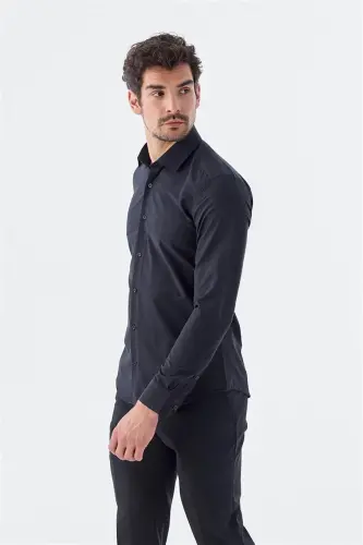 Siyah Slim Fit İtalyan Yaka Uzun Kol Klasik Kravatlık Pamuklu Gömlek - 3