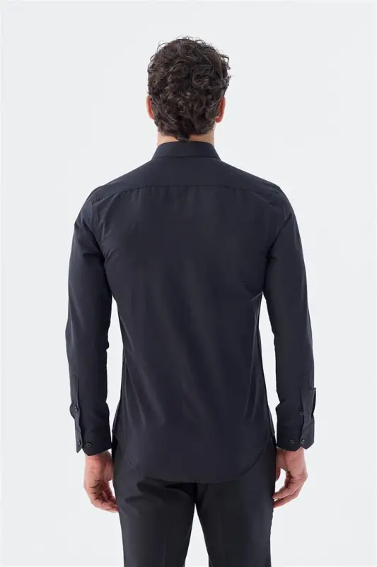 Siyah Slim Fit İtalyan Yaka Uzun Kol Klasik Kravatlık Pamuklu Gömlek - 5
