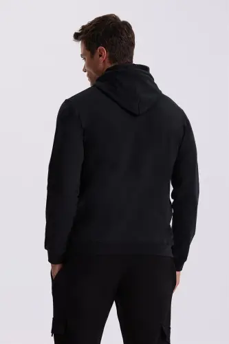 Siyah Slim Fit Kapüşonlu Baskılı %100 Pamuk Sweatshirt - 4