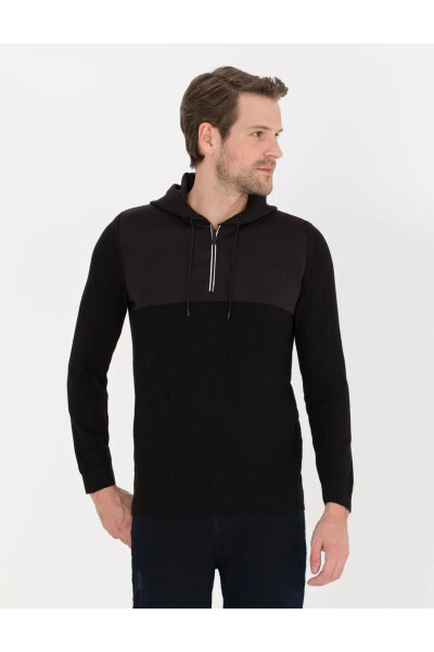 Siyah Slim Fit Kapişonlu Erkek Triko Kazak - PIERRE CARDIN