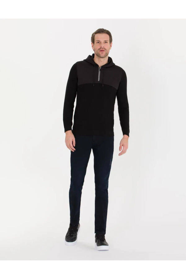 Siyah Slim Fit Kapüşonlu Erkek Triko Kazak - 3