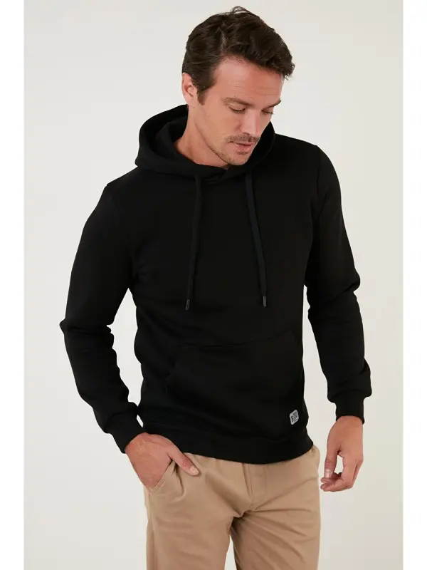 Siyah Slim Fit Kapüşonlu Kanguru Cepli İçi Tüylü Yumuşak Şardonlu Erkek Hoodie 5905281-Siyah - LC WAIKIKI