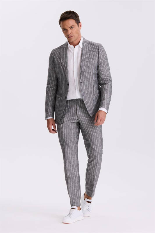 Siyah Slim Fit Kırlangıç Yaka Çift Yırtmaçlı %100 Keten Spor Takım Elbise - 2