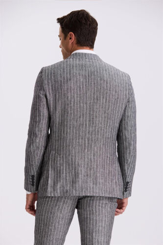 Siyah Slim Fit Kırlangıç Yaka Çift Yırtmaçlı %100 Keten Spor Takım Elbise - 4