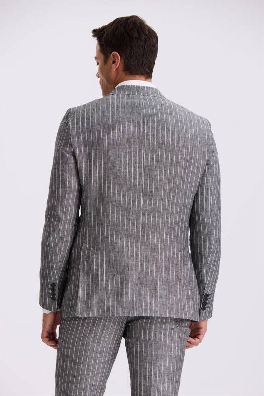 Siyah Slim Fit Kırlangıç Yaka Çift Yırtmaçlı %100 Keten Spor Takım Elbise - 4