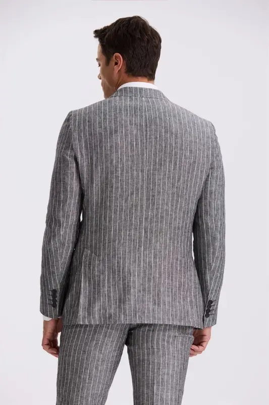 Siyah Slim Fit Kırlangıç Yaka Çift Yırtmaçlı %100 Keten Spor Takım Elbise - 4