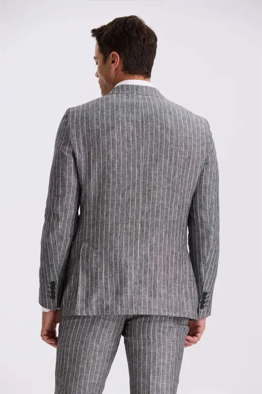 Siyah Slim Fit Kırlangıç Yaka Çift Yırtmaçlı %100 Keten Spor Takım Elbise - 4