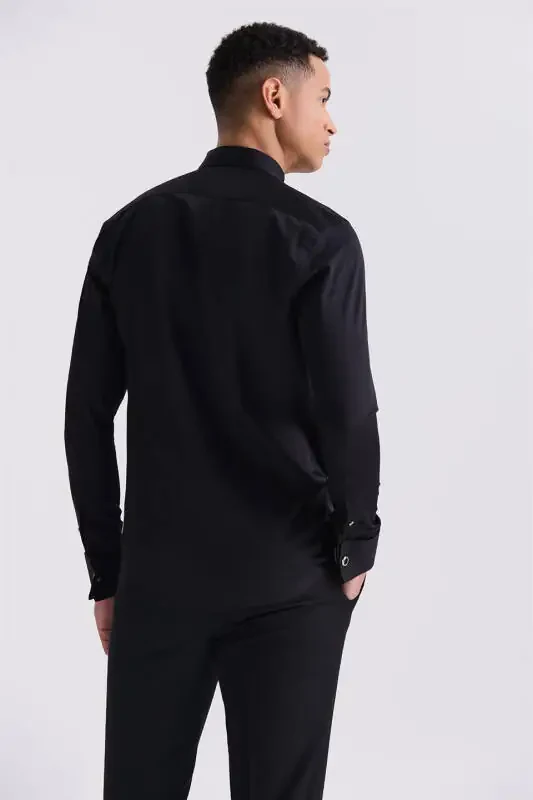 Siyah Slim Fit Kol Düğmeli %100 Pamuk Ata Yaka Gömlek - 4