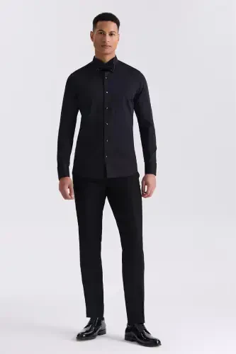 Siyah Slim Fit Kol Düğmeli %100 Pamuk Ata Yaka Gömlek - 4