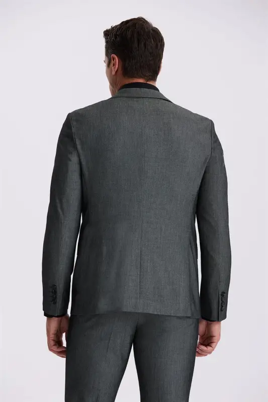 Siyah Slim Fit Mono Yaka Yelekli Çift Yırtmaçlı Takım Elbise - 4