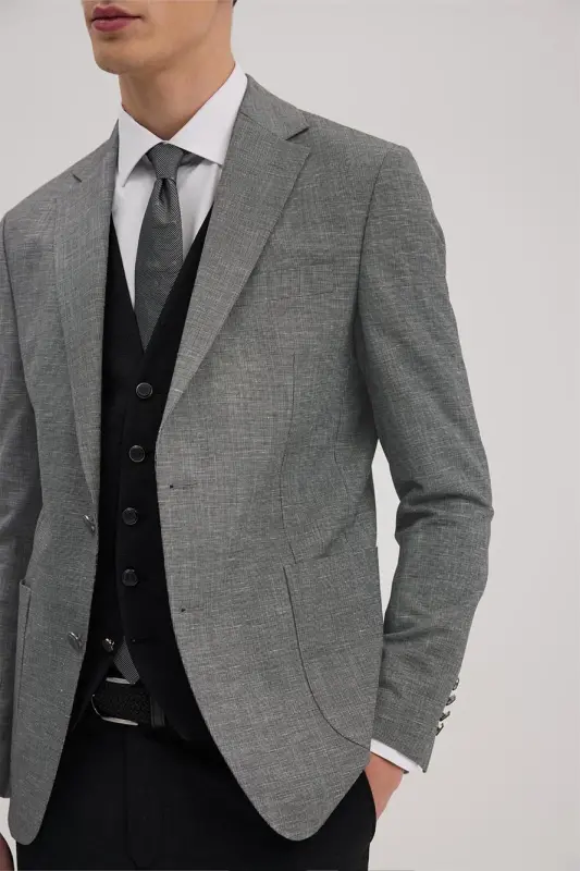 Siyah Slim Fit Mono Yaka Yelekli Kombinli Takım Elbise - 3