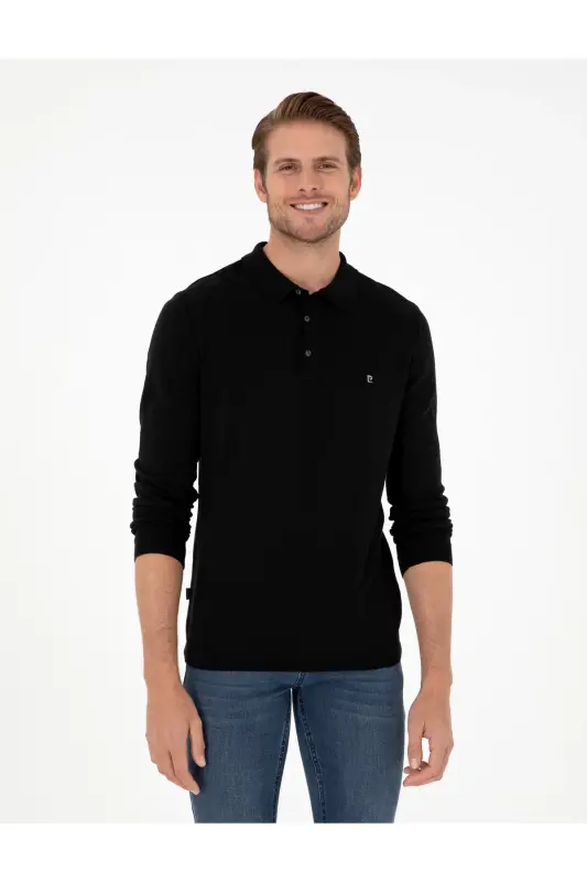 Siyah Slim Fit Polo Yaka Basic Triko Kazak 50296623-VR046 - SİYAH - PIERRE CARDIN