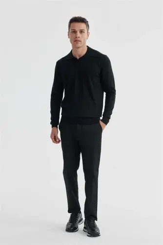 Siyah Slim Fit Polo Yaka Triko Kazak - JAKAMEN (1)