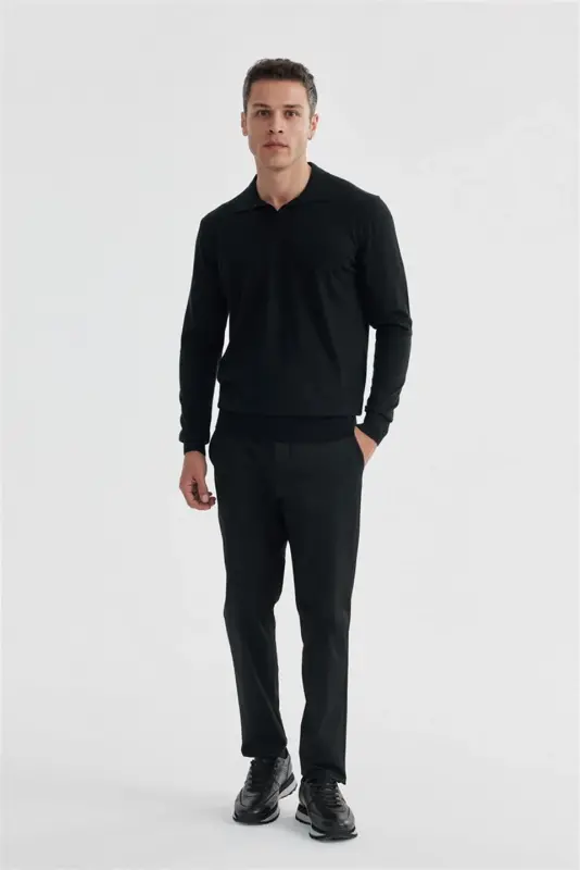 Siyah Slim Fit Polo Yaka Triko Kazak - 2
