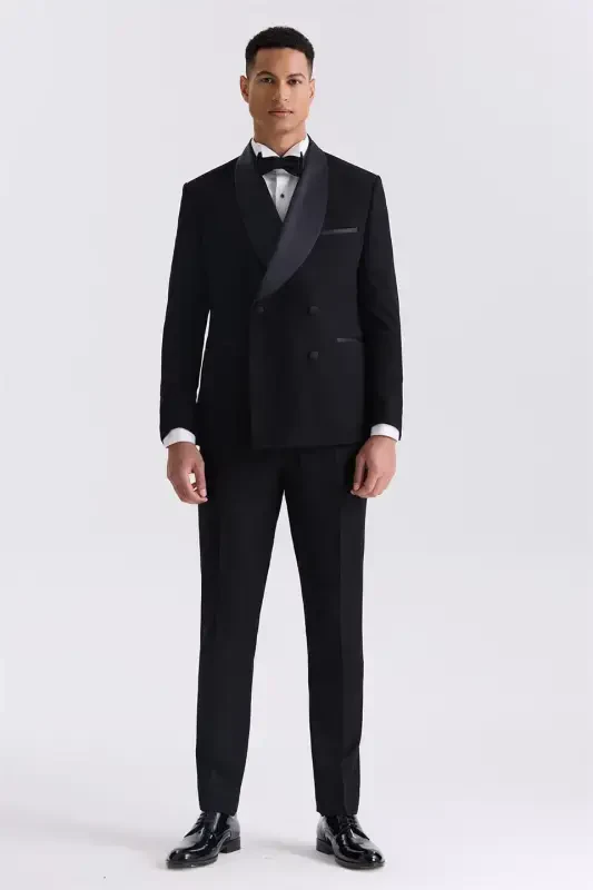 Siyah Slim Fit Sabit Şal Yaka Kruvaze Smokin Takım Elbise - 2