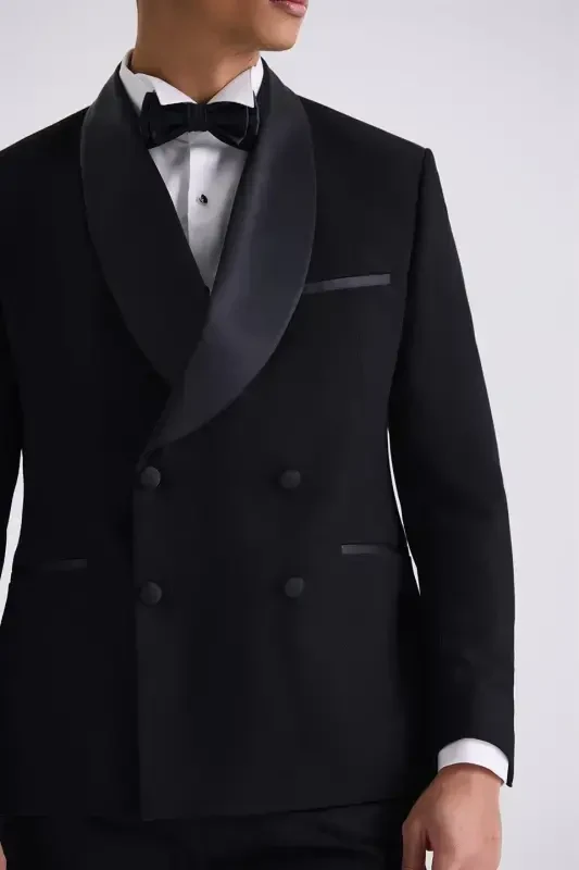 Siyah Slim Fit Sabit Şal Yaka Kruvaze Smokin Takım Elbise - 3