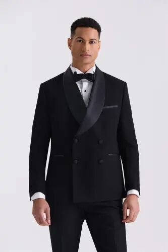 Siyah Slim Fit Sabit Şal Yaka Kruvaze Smokin Takım Elbise 