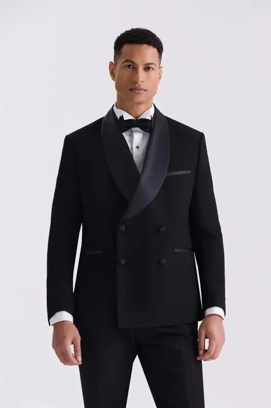 Siyah Slim Fit Sabit Şal Yaka Kruvaze Smokin Takım Elbise - JAKAMEN