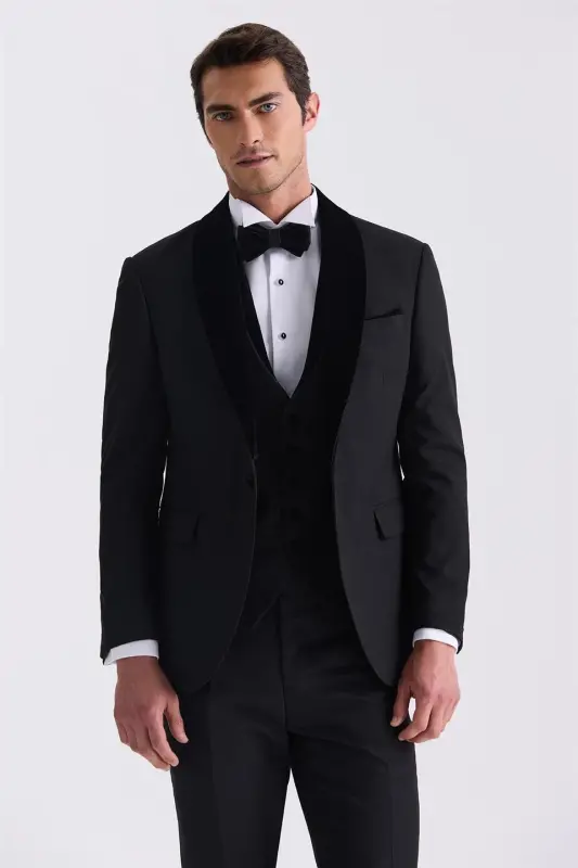 Siyah Slim Fit Şal Yaka Yelekli Smokin Takım Elbise - JAKAMEN