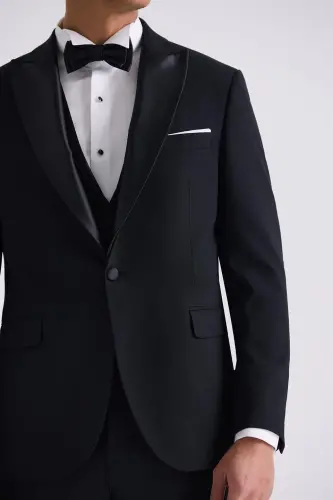 Siyah Slim Fit Sivri Yaka Smokin Takım Elbise - 3