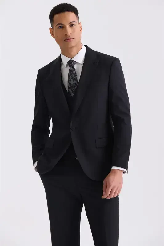 Siyah Slim Fit Sivri Yaka Yelekli Yünlü Takım Elbise - 2