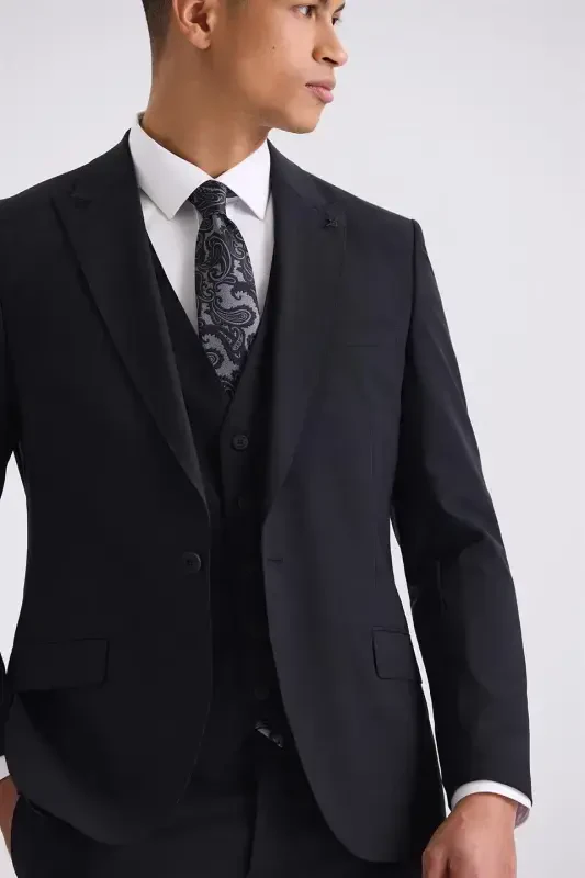 Siyah Slim Fit Sivri Yaka Yelekli Yünlü Takım Elbise - 3