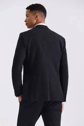 Siyah Slim Fit Sivri Yaka Yelekli Yünlü Takım Elbise - 4