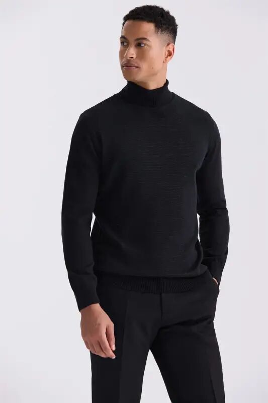 Siyah Slim Fit Tam Balıkçı Yaka Triko Kazak - 1
