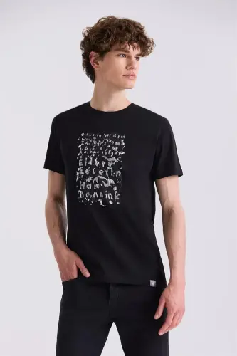 Siyah Slim Fit Triko Bisiklet Yaka T-Shirt - 1