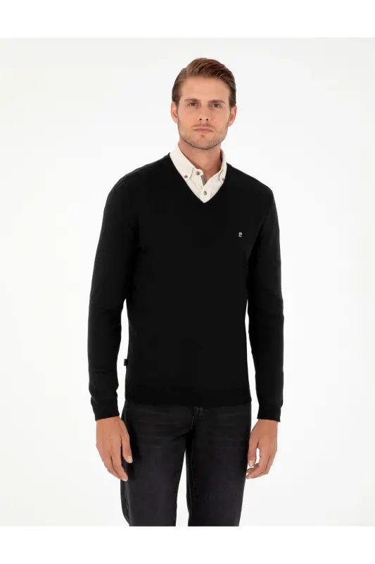 Siyah Slim Fit V Yaka Basic Triko Kazak 50296622-VR046 - SİYAH - PIERRE CARDIN