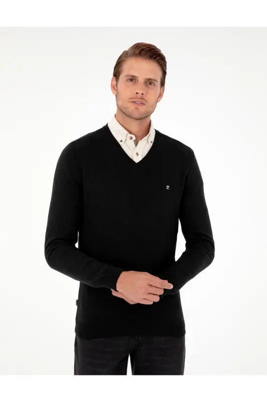 Siyah Slim Fit V Yaka Basic Triko Kazak 50296622-VR046-SİYAH - 3