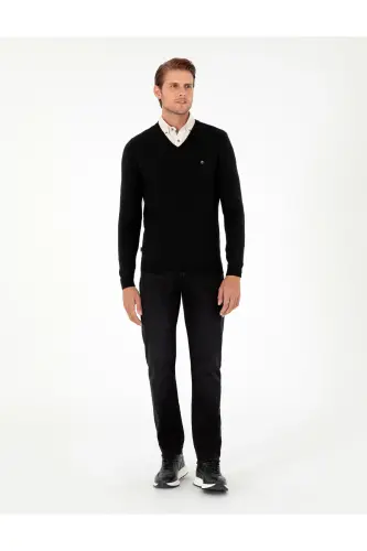 Siyah Slim Fit V Yaka Basic Triko Kazak 50296622-VR046-SİYAH - 4