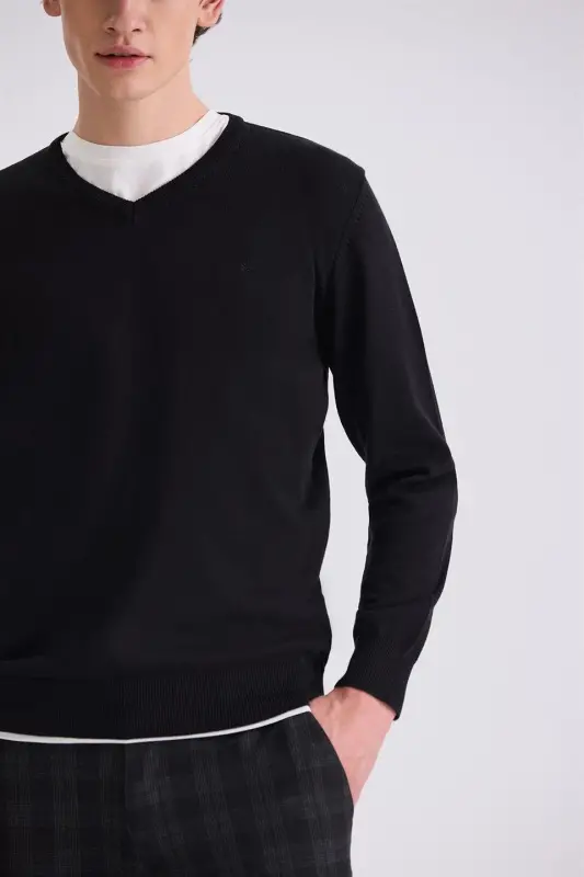 Siyah Slim Fit V Yaka Triko Kazak - 3