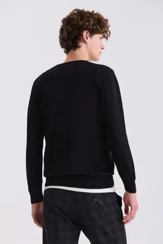 Siyah Slim Fit V Yaka Triko Kazak - 4