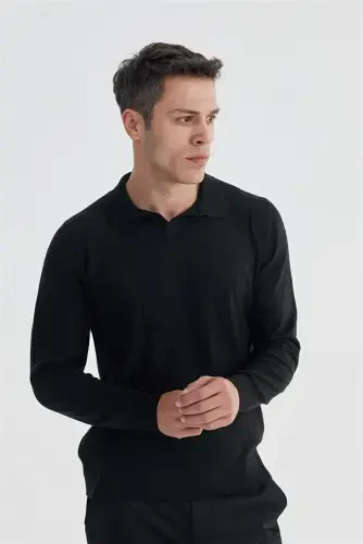 Siyah Slim Fit Yün Kaşmir Karışımlı Desenli Polo Yaka Triko 