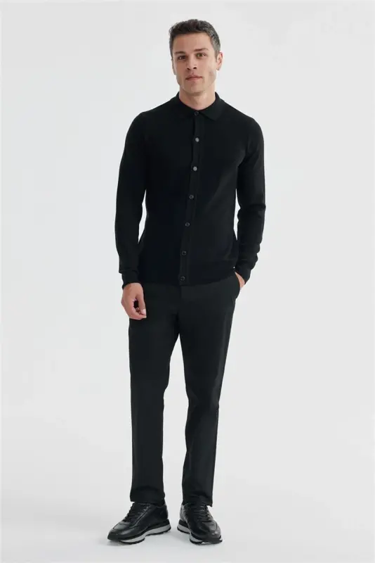 Siyah Slim Fit Yünlü Düğmeli Polo Yaka Triko - 2