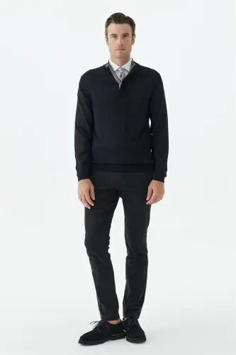 Siyah Slim Fit Yünlü Fermuarlı Triko 