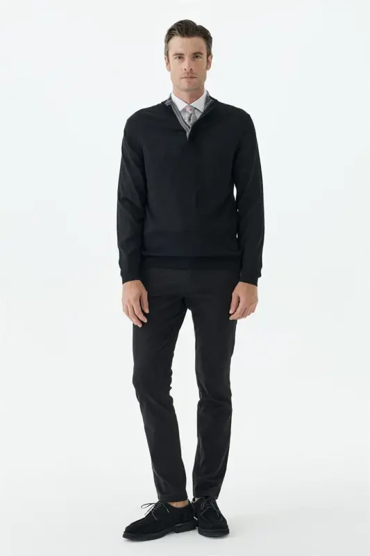 Siyah Slim Fit Yünlü Fermuarlı Triko - 1