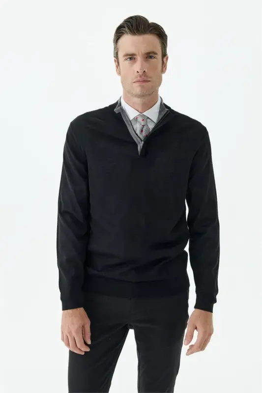 Siyah Slim Fit Yünlü Fermuarlı Triko - 2