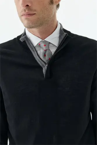 Siyah Slim Fit Yünlü Fermuarlı Triko - 3