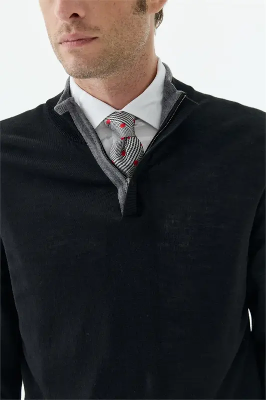 Siyah Slim Fit Yünlü Fermuarlı Triko - 3