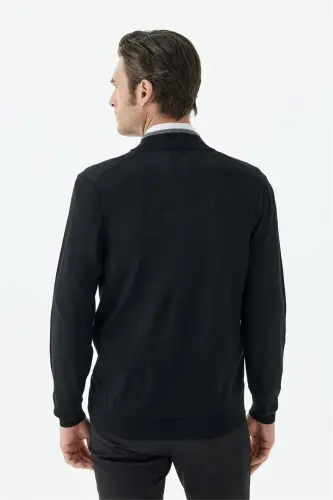 Siyah Slim Fit Yünlü Fermuarlı Triko - 4