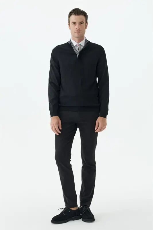 Siyah Slim Fit Yünlü Fermuarlı Triko - JAKAMEN