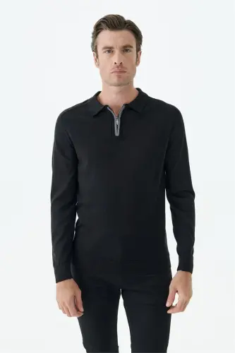 Siyah Slim Fit Yünlü Fermuarlu Polo Yaka Triko - 1