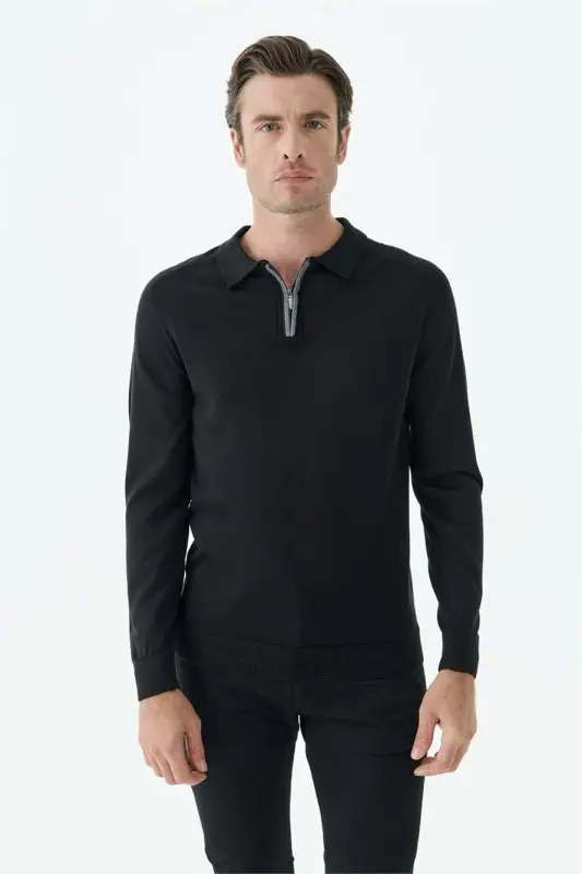 Siyah Slim Fit Yünlü Fermuarlu Polo Yaka Triko - 1