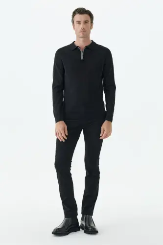 Siyah Slim Fit Yünlü Fermuarlu Polo Yaka Triko - JAKAMEN (1)